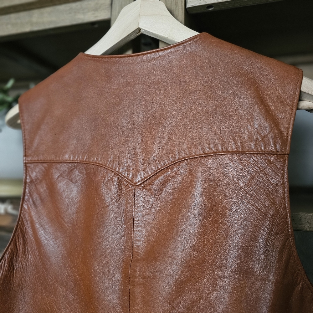 Vintage 70's H Bar C California Ranchwear Brown Glossy Western Leather Vest - Picture 5 of 10